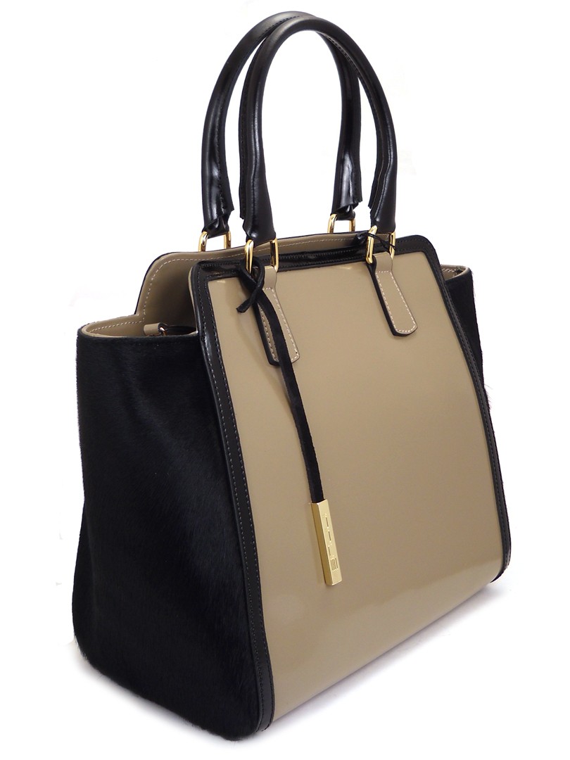 Деловая дамская кожаная сумка карамельного цвета с черным пони I